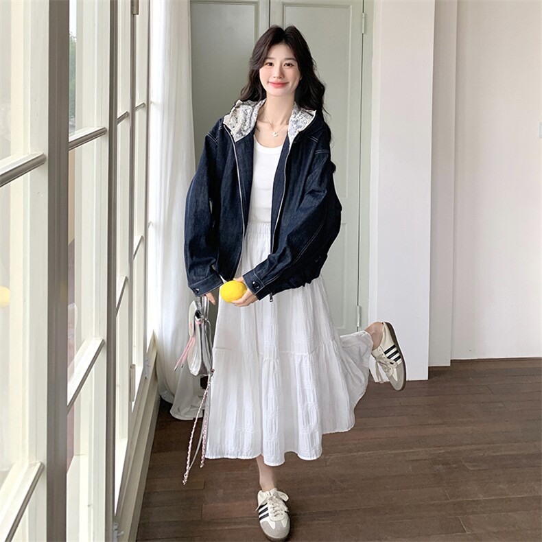 韩系chic蕾丝连帽牛仔短外套女春秋2025超火好看高级小众夹克上衣,女装短外套,2C301
