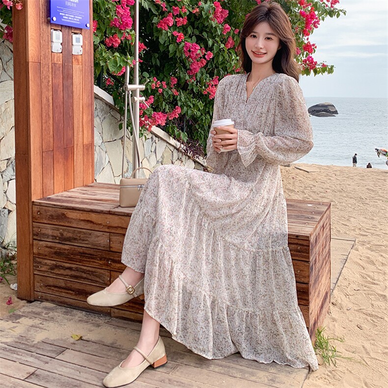 温柔风碎花长袖连衣裙早春秋法式V领收腰显瘦配大衣荷叶边长裙，女装连衣裙，姿衣轩