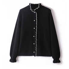 秋冬季新款毛衣女宽松显瘦时尚百搭撞色木耳边珍珠扣羊绒衫，女装羊绒衫，羢衣兜