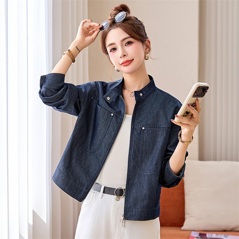 复古仔外套女立领链短款2025春季新款纯色宽松韩版长袖上衣,女装短外套,沁沁公主