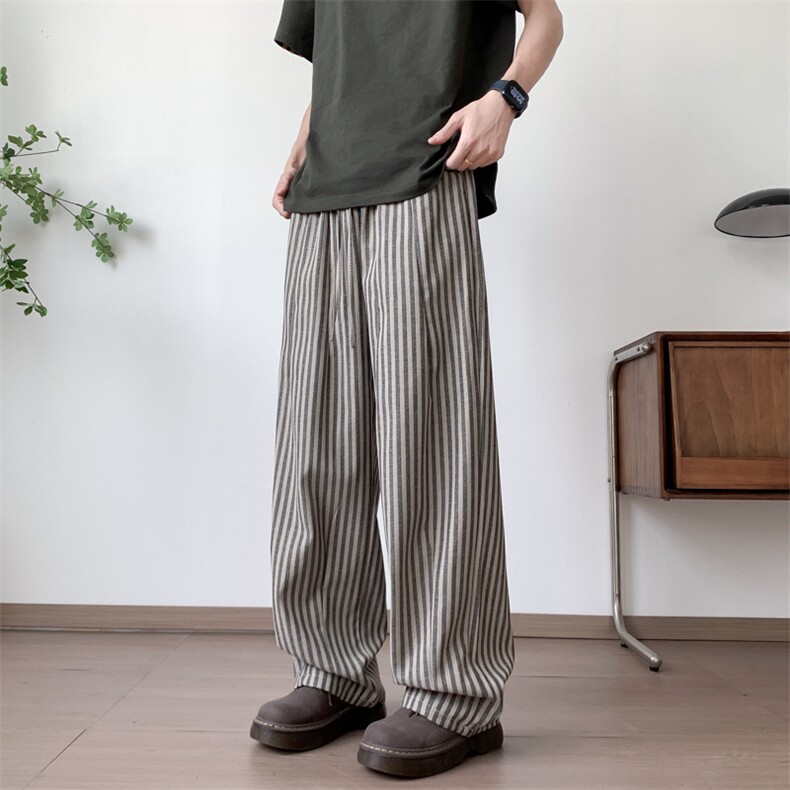 美式松弛感竖条纹休闲裤男女夏季慵懒风垂感直筒裤弯刀阔腿拖地裤,男装休闲裤,四季星座505