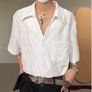美式高街高级感褶皱短袖衬衫男女款古巴领薄款衬衣JDA22-P40图片