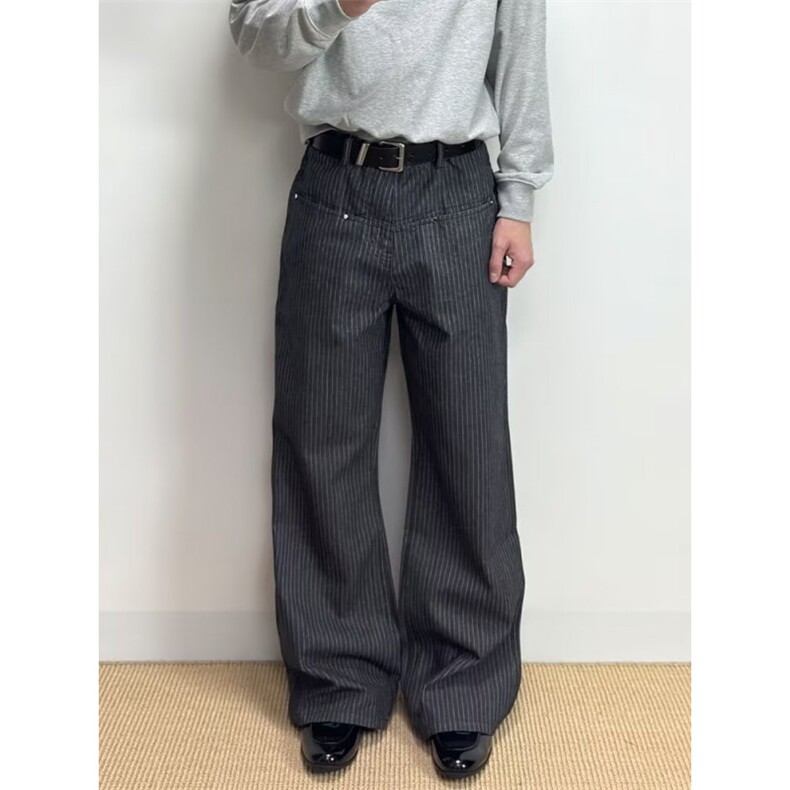 美式复古撞色条纹休闲长裤女性感低腰宽松显瘦直筒西裤 K8098图片