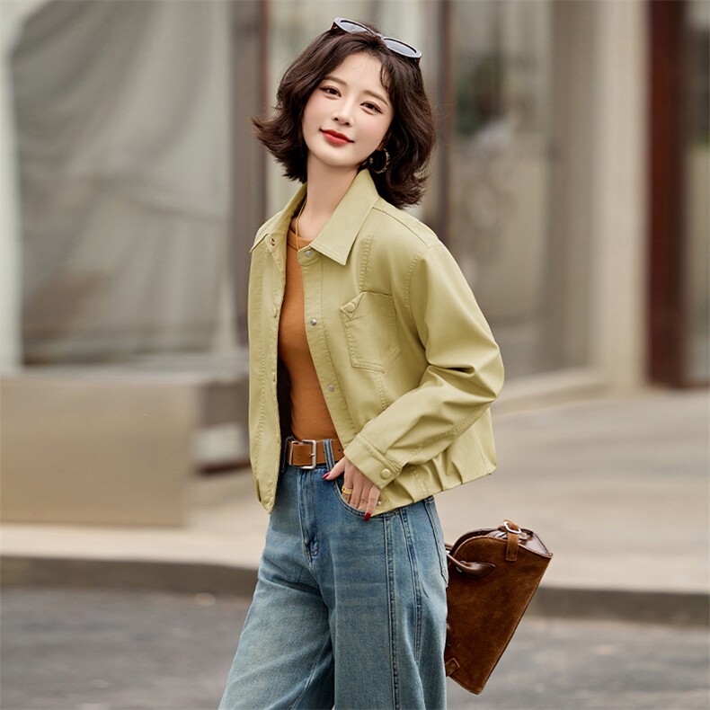 2025春秋季新款皮衣外套女pu皮翻领短款上衣拉链高级感机车服夹克,女装皮衣,美拉德工厂直营店