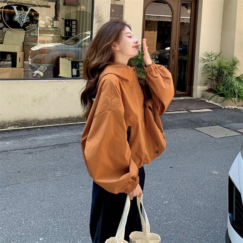美拉德连帽冲锋衣女2025春季新款chic外套小个子韩系宽松短款夹克,女装短外套,2C262