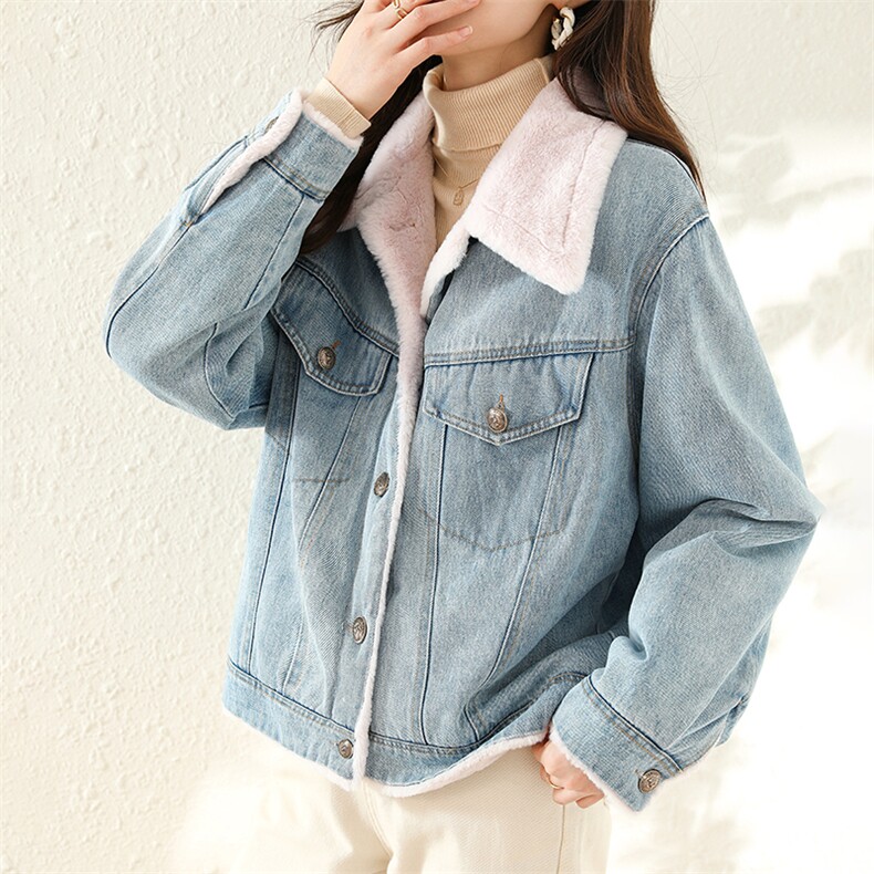 现货2023冬季加绒加厚皮毛一体牛仔派克服女宽松大口袋撞色棉衣,女装派克服,梦懿尔