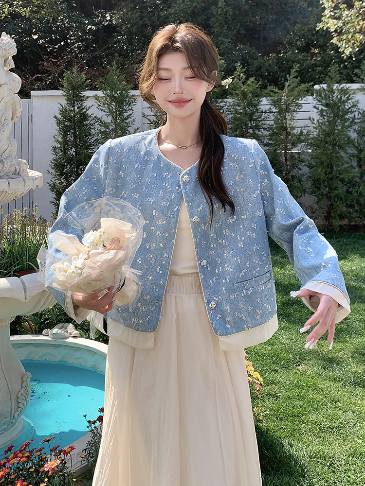 小香风蓝色亮片外套短款女春秋2025新款韩版宽松小个子夹克衫上衣,女装短外套,浙宝208A