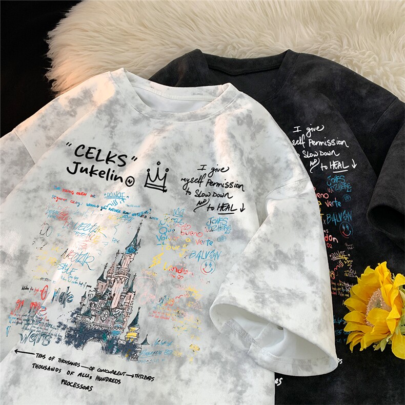 重磅白墨扎染宽松大版型落肩短袖印花T恤ZT26002-P25限38，男装T恤，电商B219A