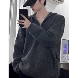 半拉链连帽毛衣男款秋冬季宽松慵懒风针织衫休闲外套 M6516图片