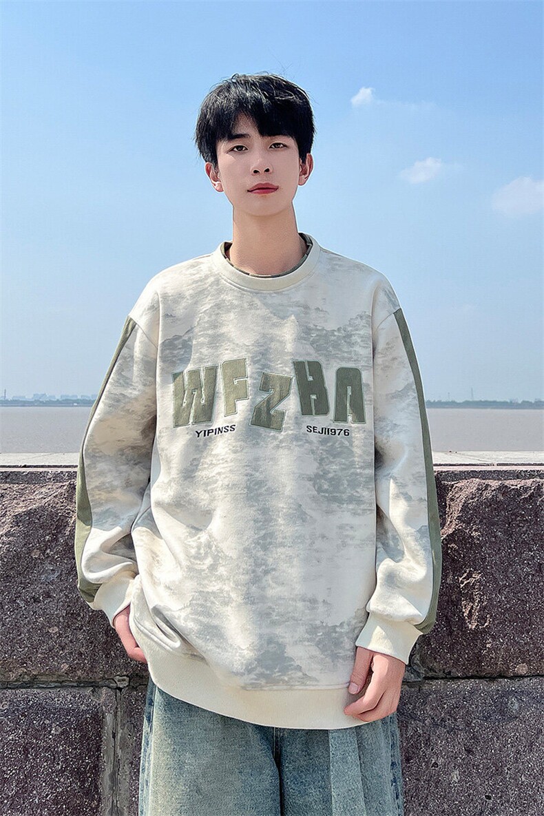 现货2026春季脏脏布假两件卫衣美式宽松长袖A436-108-P5888,男装卫衣,电商A436