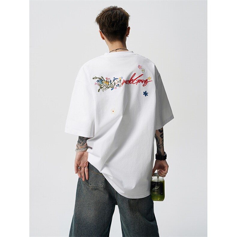 8XL-M高品质纯棉花卉刺绣短袖T恤男女款美式宽松凉感防晒TDX335,男装T恤,电商D206-1