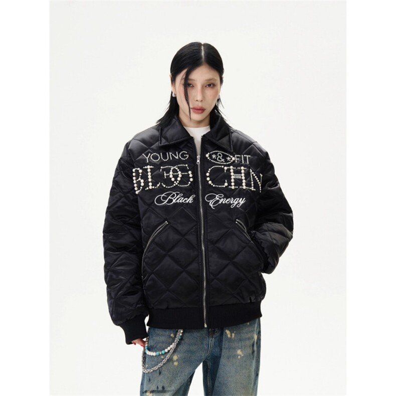 设计感美式刺绣珍珠菱格黑色棉服男女冬季休闲加厚保暖外套图片