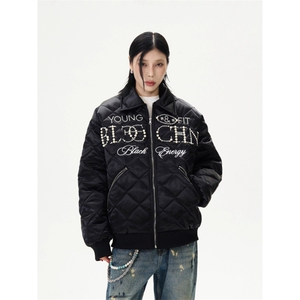 设计感美式刺绣珍珠菱格黑色棉服男女冬季休闲加厚保暖外套图片