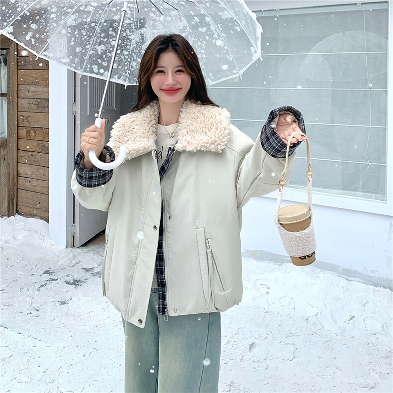 巨好看格纹拼接羊羔毛派克服女2025冬季新款韩系加绒加厚棉衣外套,女装棉衣/棉服,2C306