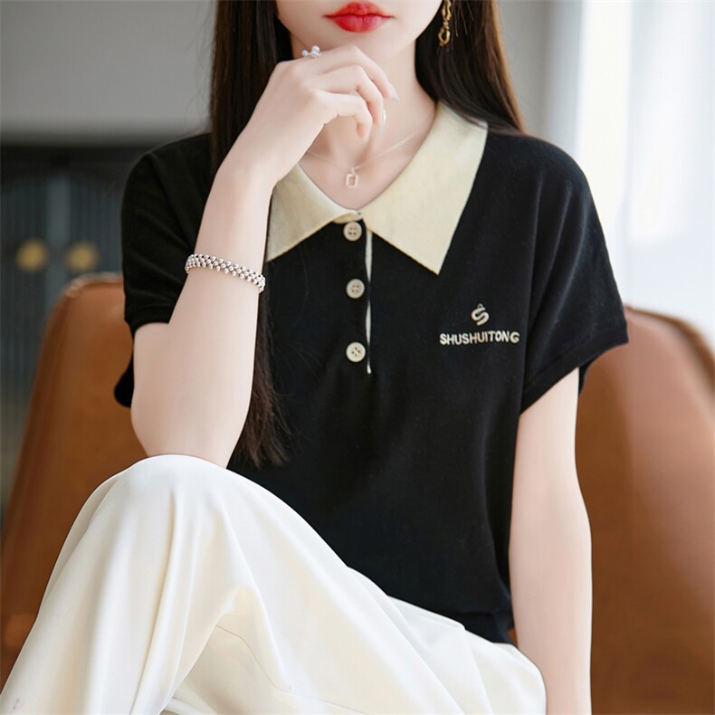 夏季新款撞色POLO领针织短袖女洋气宽松显瘦减龄冰丝翻领T恤上衣,女装T恤,菲奥羊绒