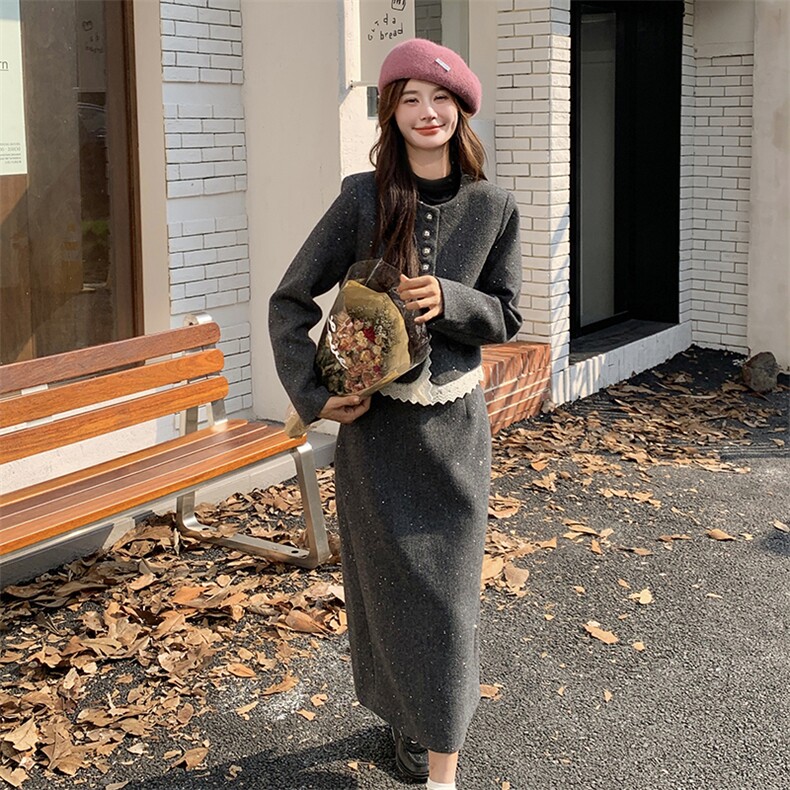 灰色小香风毛呢套装裙女2025秋季新款高级感名媛气质半身裙两件套,女装套装/套裙,2C129