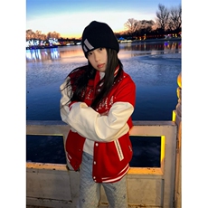 美式珍珠红色拼接棒球服男女春秋季新款高街百搭毛呢夹克外套，男装夹克，星座601-1