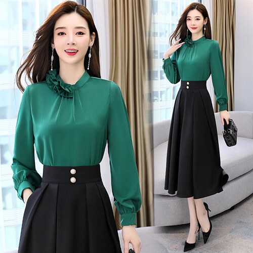 2022年秋季常规修身木耳边拼接衬衣，女装衬衫，时尚俏佳人