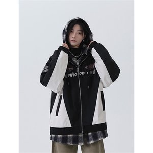 春季港风美式潮牌假两件字母印花连帽夹克 XZ213-JK6666-P80控128图片