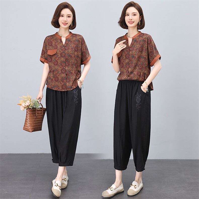 中年妈妈休闲九分裤女夏季宽松薄款哈伦裤2025新款洋气松紧腰裤子，女装套装/套裙，多彩