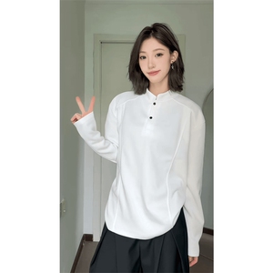 抖音得物品质美式高街重磅曼巴棉拼接cleanfit亨利领卫衣长袖T恤图片