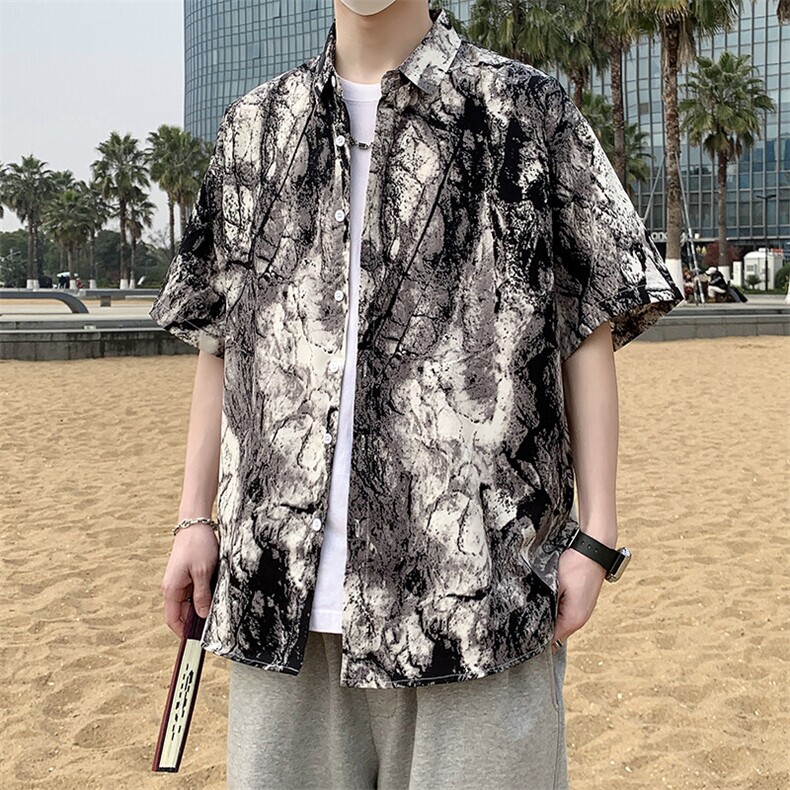 沙滩景宽松港风潮休闲短袖衬衫男装清凉花衬衣7236P35,男装衬衫,电商A056