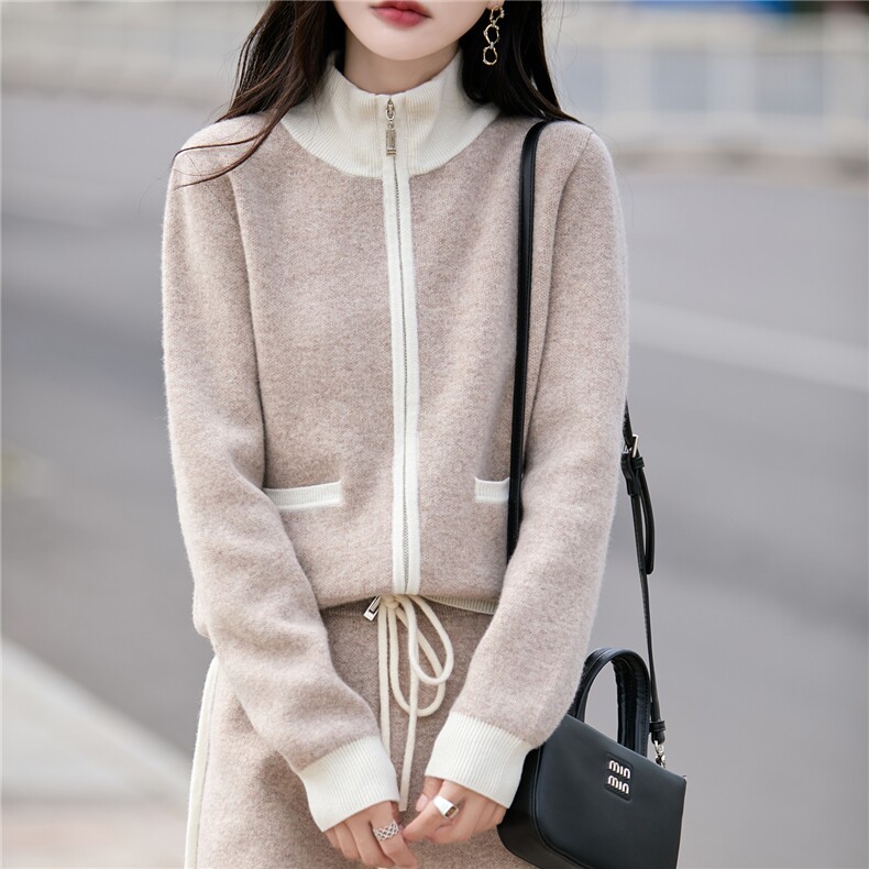 100%纯羊毛开衫短裤套装女拼色双拉链毛衣外套宽松羊绒针织两件套，女装套装/套裙，蒙特羊绒