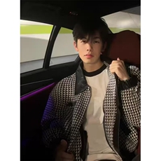 W10471-P73网图现货短款千鸟格外套拉链潮宽松型西装领夹克，男装夹克，星座1608