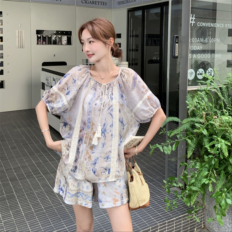 法式浪漫印花套装女2025夏季新款小个子超好看休闲阔腿短裤两件套,女装套装/套裙,2D044