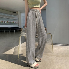 黑白条纹裤女夏季薄款2024高腰显瘦遛弯小个子慵懒冰丝阔腿裤，女装休闲裤，梦白服饰厂