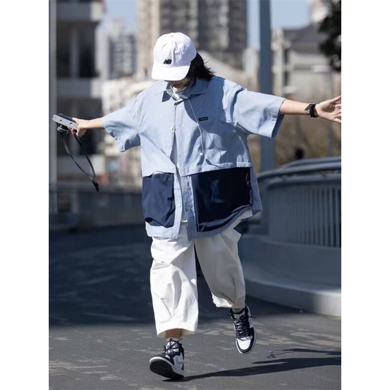 原创拼色假两件潮流套装夏季男款大口袋设计感短袖衬衫撞色短裤,男装休闲套装,星座506A