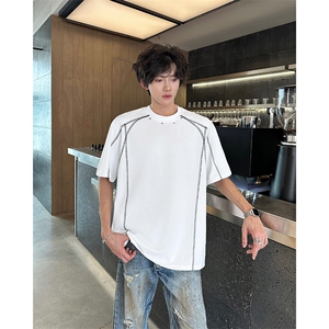 拼接短袖t恤男夏季新款美式高街青少年宽松休闲半袖体恤T0585-P38图片