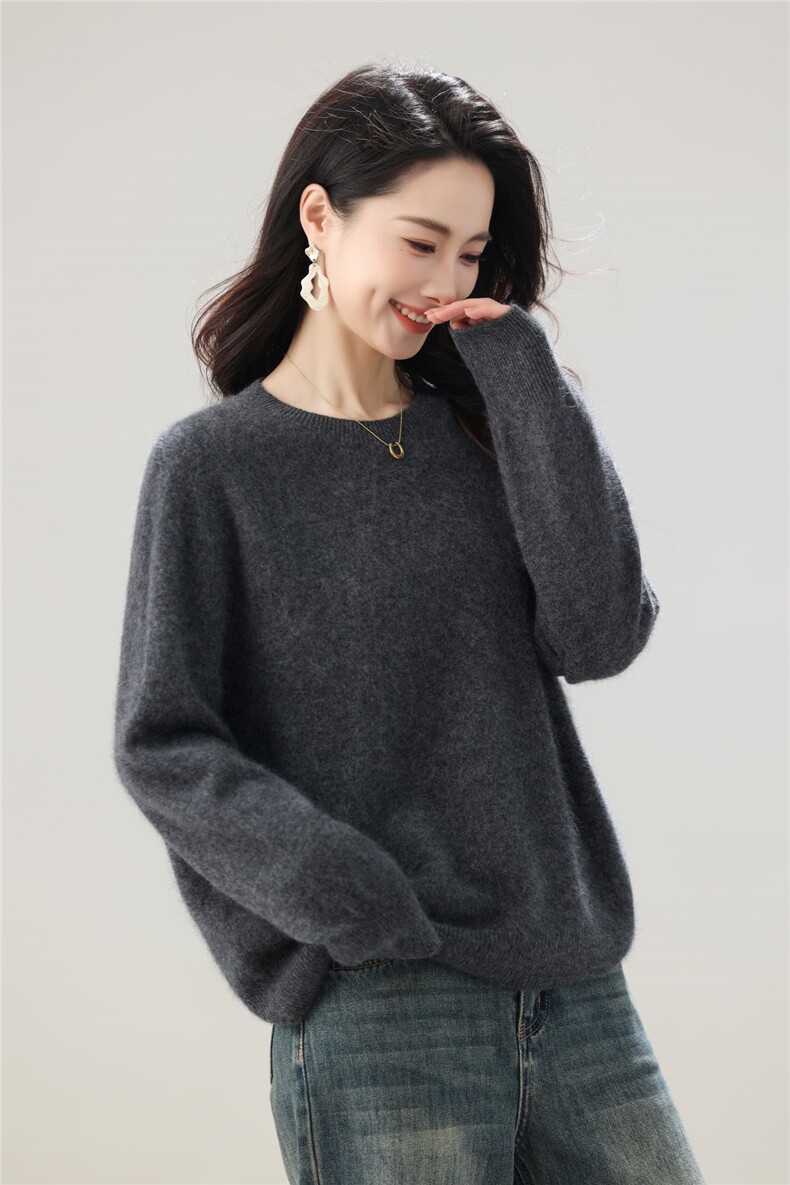时尚百搭女士秋冬羊毛拉绒圆领上衣舒适保暖显瘦长袖毛衣,女装羊毛衫,牧思羊