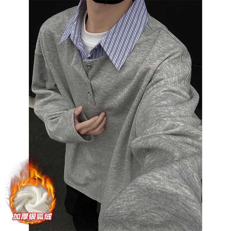 假两件衬衫领加厚加绒银狐绒大码长袖卫衣男W2343J加绒-特P40控78，男装衬衫，电商A001