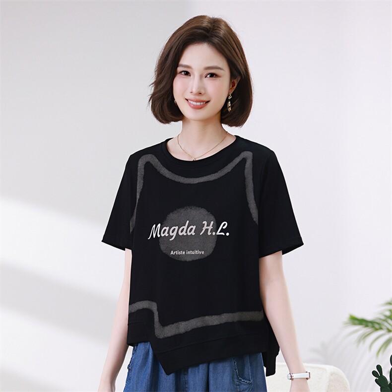 休闲运动女夏季2025新款洋气显瘦冰丝短袖假两件束脚裤,女装T恤,叶笙衣