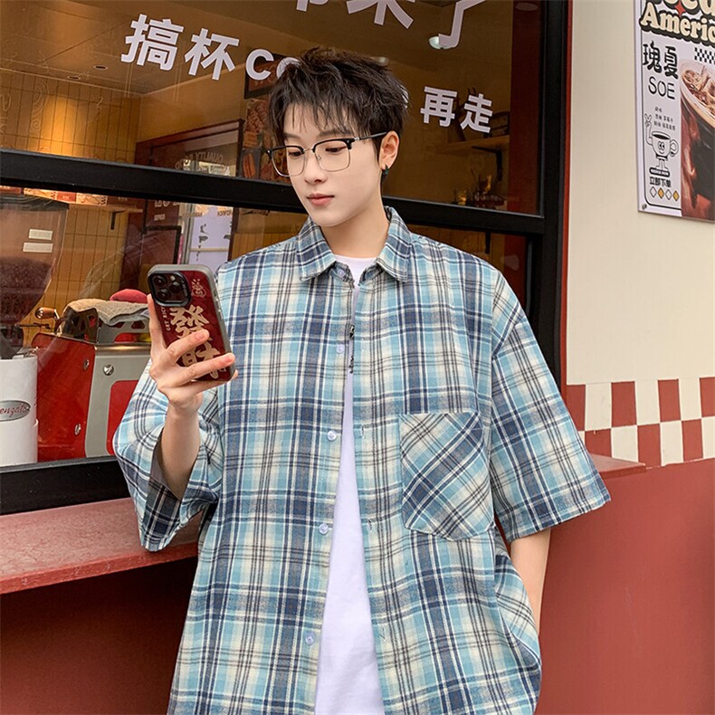 短袖衬衫男夏季新款格子磨毛衬衣DX002-特批26无差价,男装衬衫,星座214-3