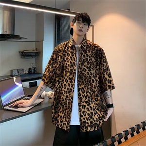 夏季男衬衫上衣休闲宽松可穿80-300斤港风时尚衬衣外穿薄款豹纹图片