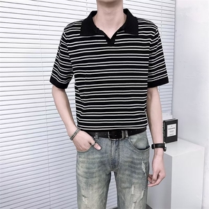 条纹标准2024夏季原宿气质新款短袖青春流行潮流男POLO衫 TM24图片