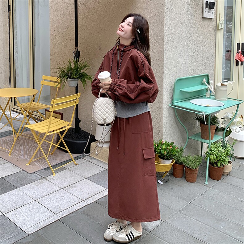 安可拉红工装套装裙女春秋两件套高级感减龄一整套ootd穿搭酷飒图片