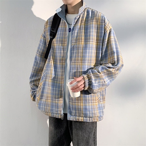 秋季新款双面穿格子夹克外套男士立领痞帅防风冲锋衣学生棒球服图片