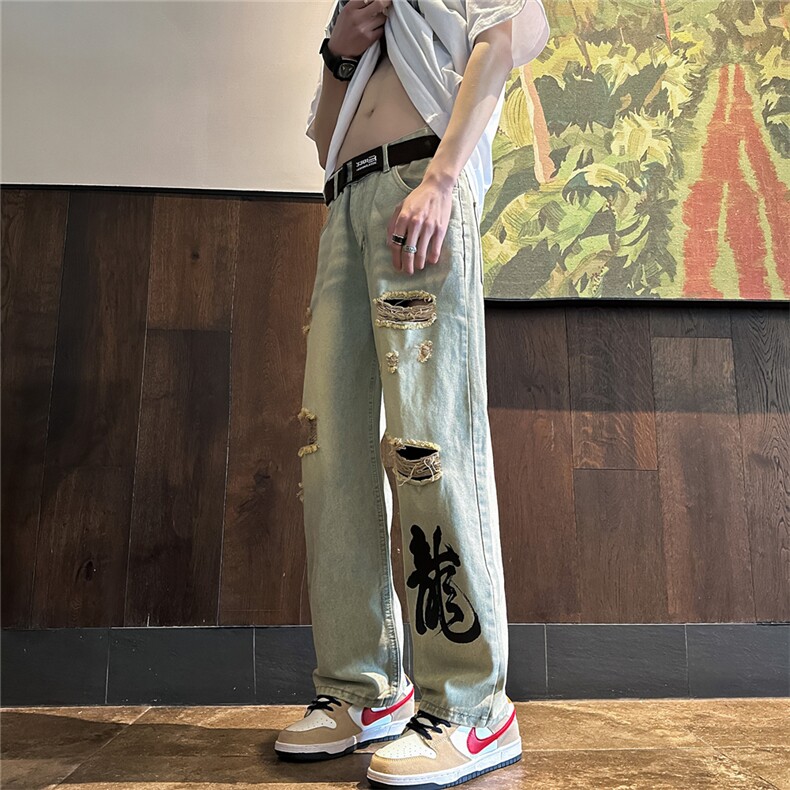 k1079-p55-控78M-5XL现货oversizecleanfit风黄泥牛仔裤破洞,男装牛仔裤,星座116