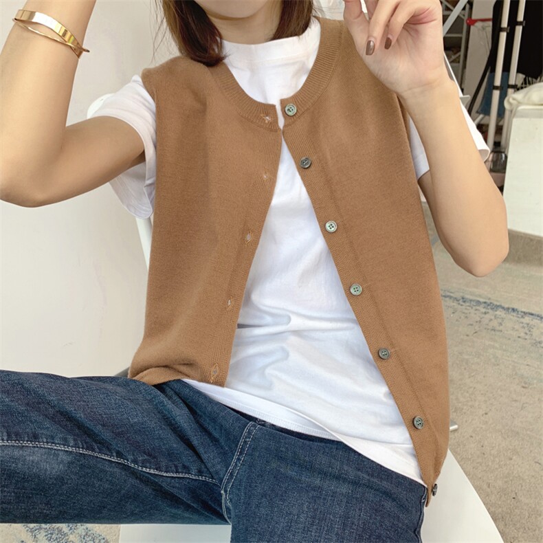 早春新款羊毛马甲女圆领针织背心纯色韩版马夹坎肩开衫外搭学院风,女装马甲,洁纯羊绒