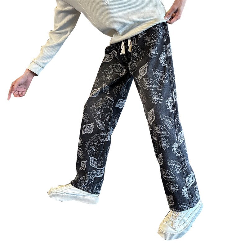 秋冬加绒牛仔裤男士个性树叶印花直筒牛仔弯刀裤潮901N50加绒P68,男装牛仔裤,星座901