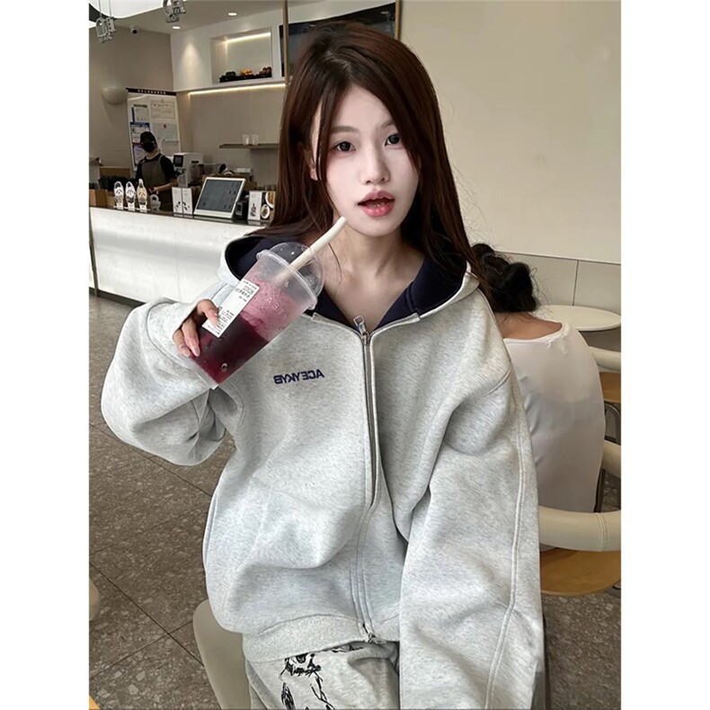 抖音得物高品质秋冬美式重磅宽松结构双面连帽印花卫衣外套AW6802,女装短外套,电商A443