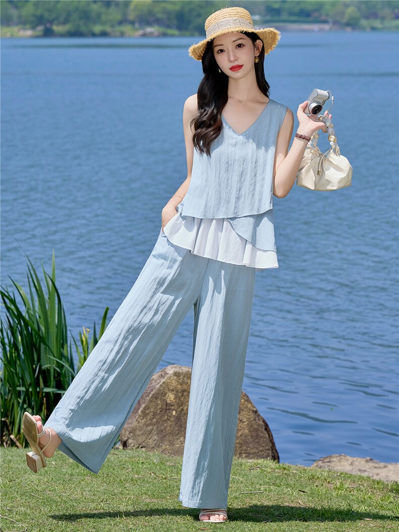（新款现货）2026夏装时尚莱赛尔花苞假两件上衣阔腿裤套装两件套,女装套装/套裙,印象茜