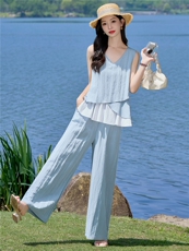 （新款现货）2026夏装时尚莱赛尔花苞假两件上衣阔腿裤套装两件套，女装套装/套裙，印象茜