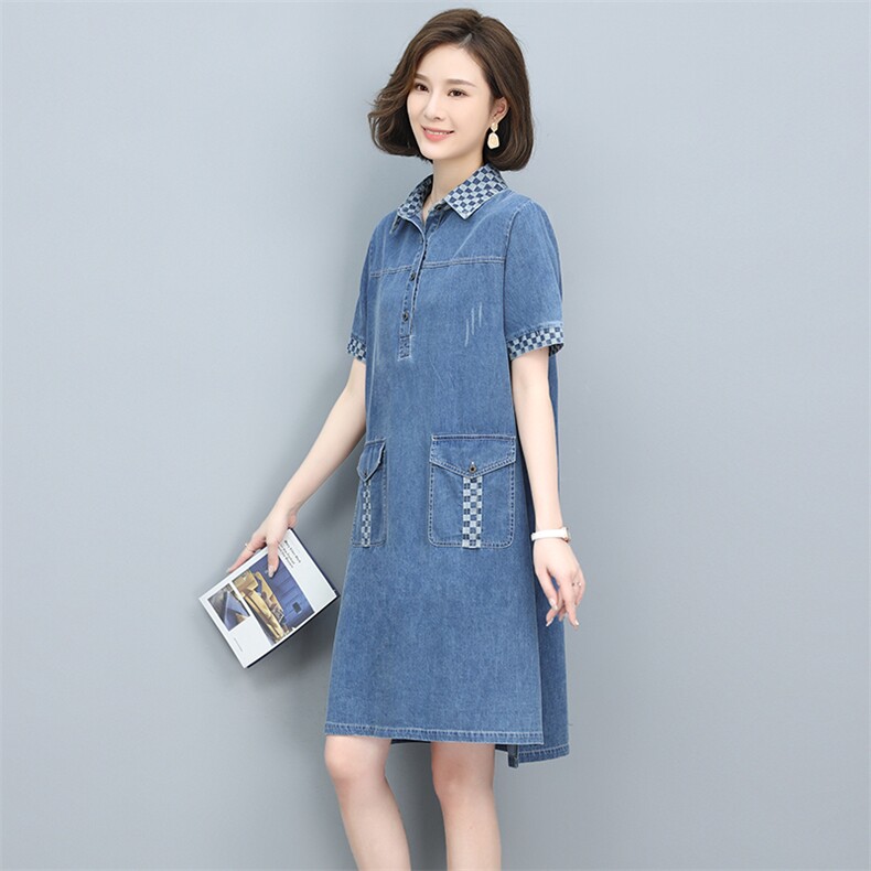 2023夏季新款时尚气质翻领显瘦休闲舒适撞色牛仔连衣裙,女装连衣裙,独衣靓