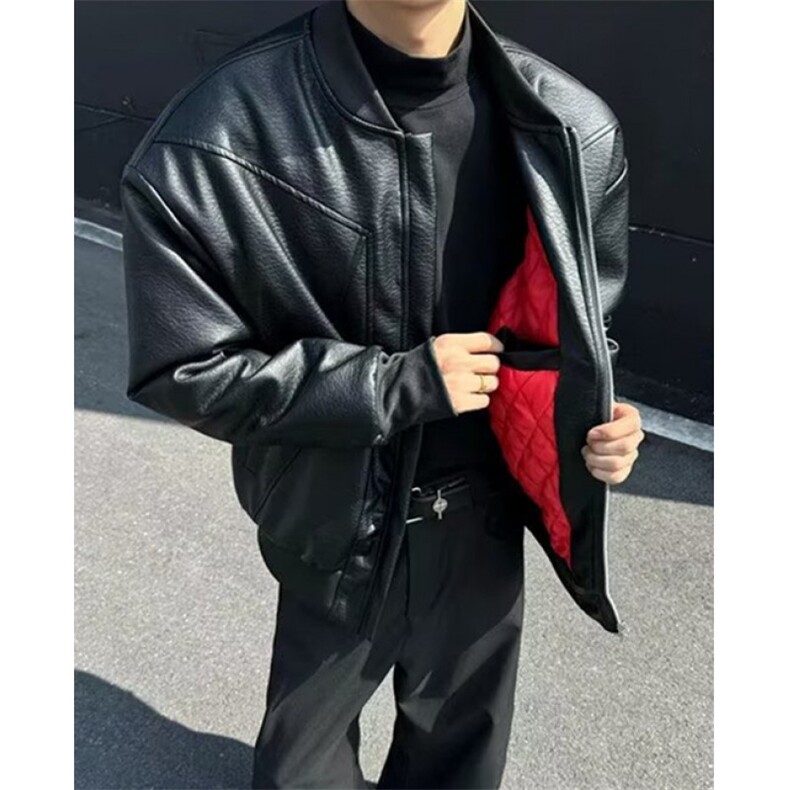 廓形立领皮棉衣男秋冬bomber棒球领棉服酷帅机车外套 J2927图片