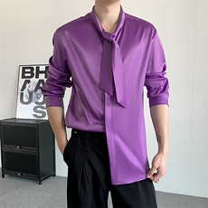 秋季2025紫色缎面衬衫个性设计痞帅垂感衬衫外套演出醋酸丝滑衬衣，男装衬衫，星座909