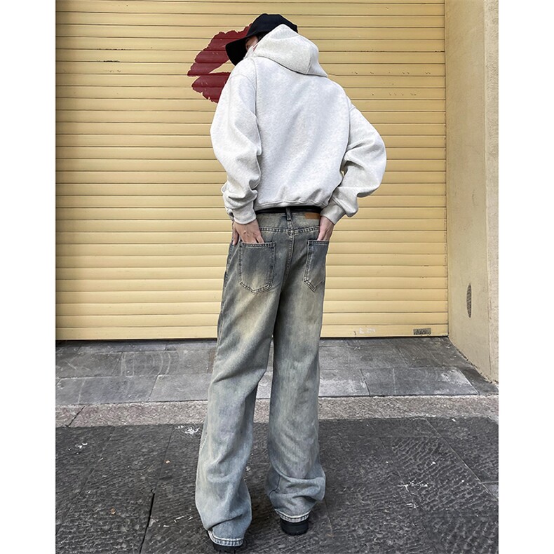 不规则设计感直筒牛仔裤男士痞帅炸街时尚阔腿水洗老爹裤子,男装牛仔裤,星座410-7